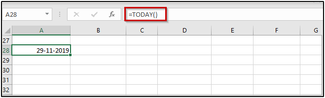 fetch the current date in Excel