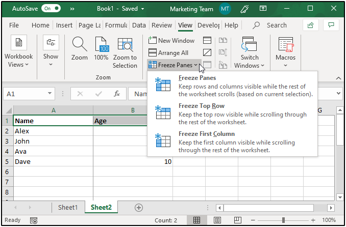 freeze panes in Excel