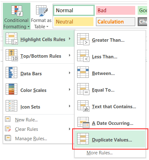 highlight cells with duplicate values in it