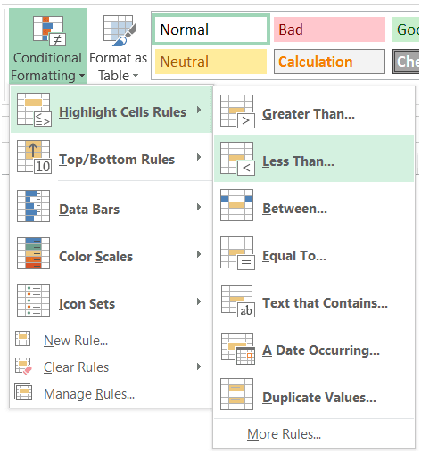 highlight cells with negative values in it