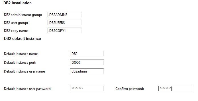 i accept the defaults for ibm http servers and enter db2 password information