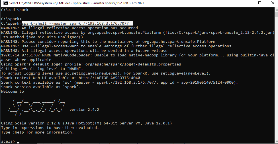 start up the Spark shell along with the master’s IP Address.
