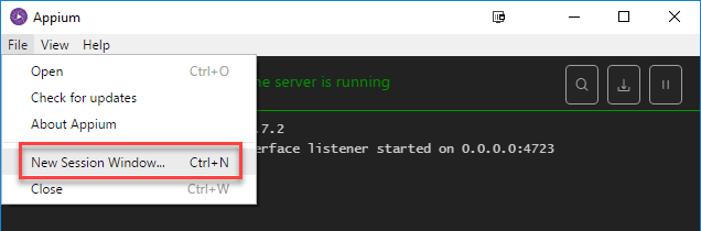 APPIUM NEW SERVER LOG WINDOW