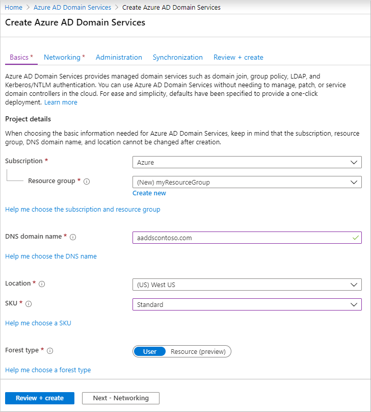 Complete the fields in the Basics window of the Azure portal to create a managed domain:-Azure Tutorial