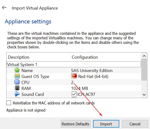 IMPORT VIRTUAL APPLIANCE SAS