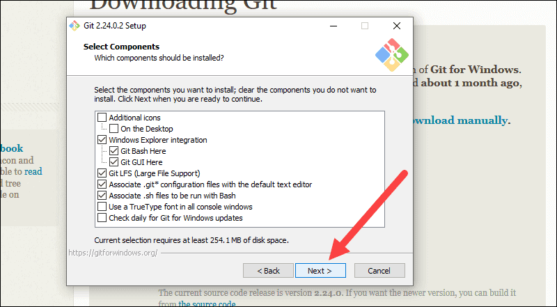 GIT INSTALLATION COMPONENT SELECTION SCREEN