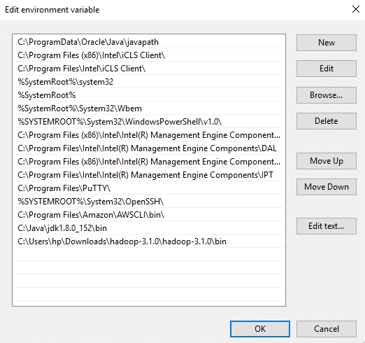 bin directory path of Hadoop and Java
