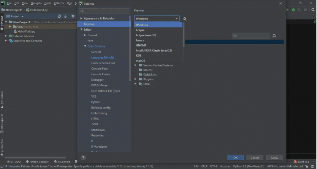 pycharm keymap configuration