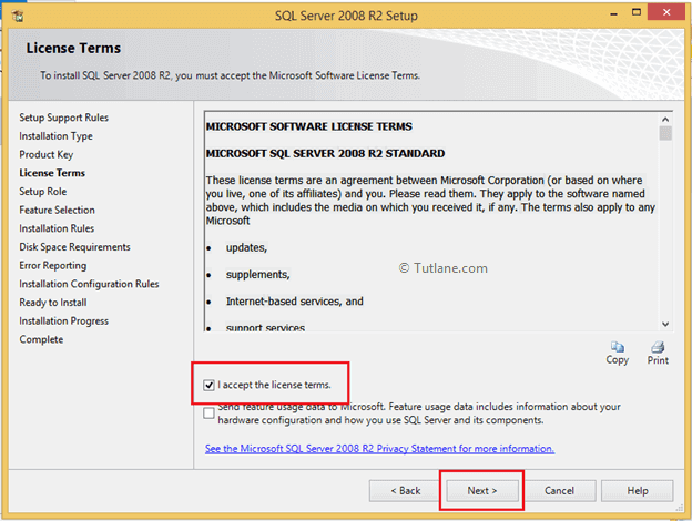 Accept terms and conditions to install sql server