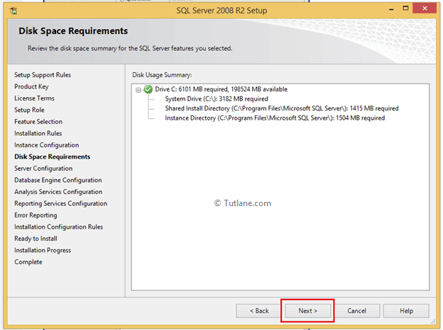 Checking disk space requirement to install sql server