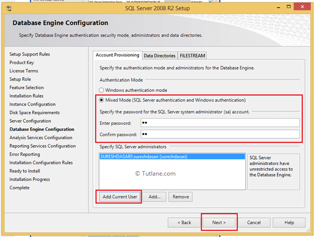 Database Configuration Settings to Install SQL Server