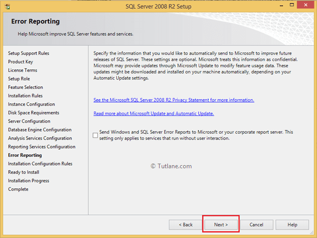 allow error reporting to install sql server in system