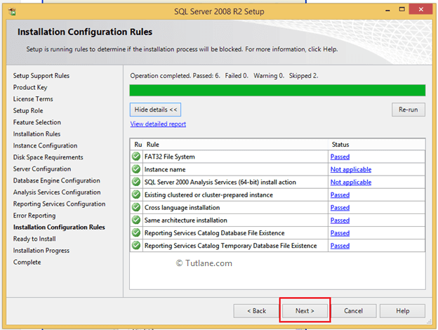 Installation Configuration Rules test Results to Install SQL Server
