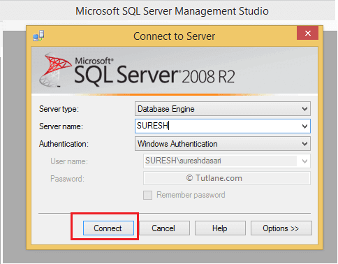 Enter server name to connect sql server database