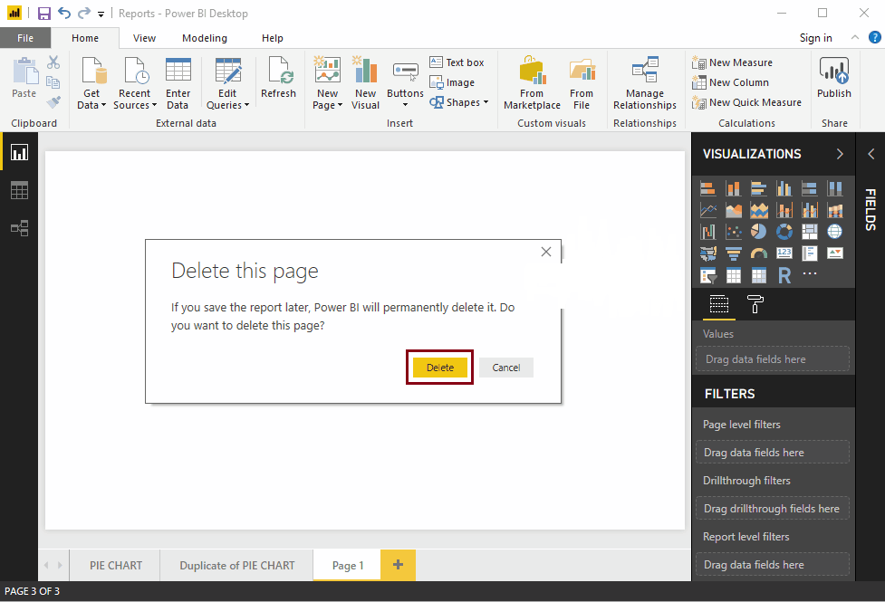 A pop-up message box displayed. Please click on the Delete button to delete the Page.-Power BI Desktop Tutorial