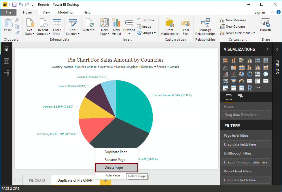 Or, right-click on the existing page that you want to delete open the context menu. Please select the Delete Page option.-Power BI Desktop Tutorial