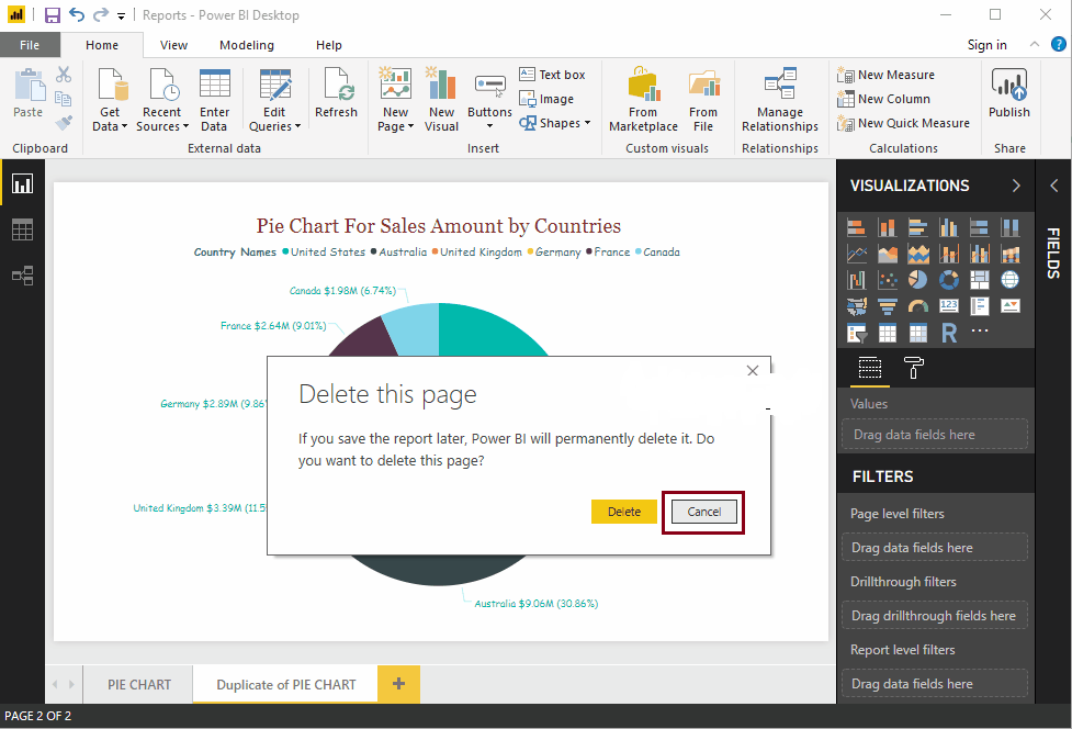It opens the Message box. This time, I will click the Cancel button.-Power BI Desktop Tutorial