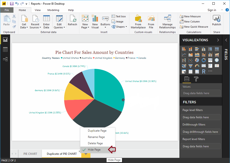 Unchecked the Hide Page option to remove the Hide option-Power BI Desktop Tutorial