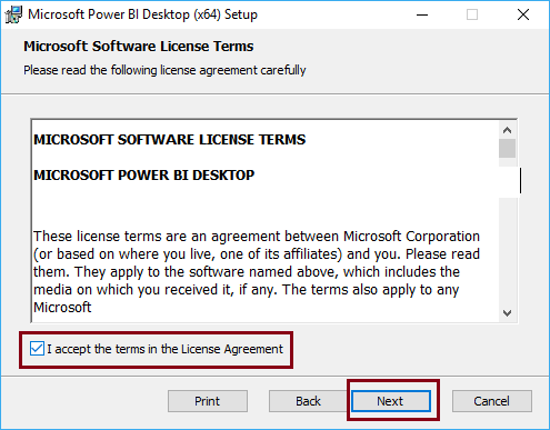Please, checkmark the I accept the terms of the Licence Agreement option and click the Next button.-Power BI Desktop Tutorial