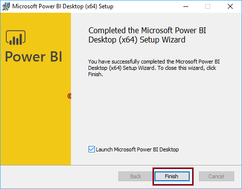 Click the Finish button to complete the installation process-Power BI Desktop Tutorial