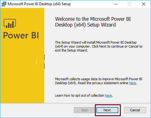 The first page of the Power BI install is a Welcome page. Please click the Next button-Power BI Desktop Tutorial
